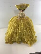 Composition Female Doll Donning Antebellum Southern Bell Yellow Lacey Dress.