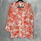 CD Daniels 1X Shirt Top Coral Pink Floral Button Up 3/4 Sleeve V Neck Sheer