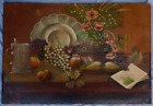 Antique Oil Painting Still Life Fruits Flowers on Table Canvas Board Signed 27