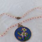 Vintage Rose Quartz Hand Knotted Necklace Round Cloisonné Disc Flower Pendant