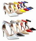 Women's Shiny Patent Pointy Toe Ankle Strap Pump Low Heel Shoes Various Size NEW