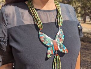 Santo Domingo Kewa Necklace Natural Turquoise by Jolene Bird Butterfly Pendant
