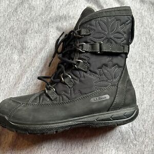 LL Bean Womens Primaloft Winter Lined Boots Black Embroidered (Missing 1 Insole)