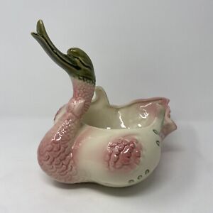VINTAGE HULL SWAN WITH BOWTIE PLANTER PINK & GREEN ON CREAM 10 1/2