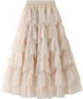 Dirholl Women's A-Line Fairy Elastic Waist Tulle Midi Skirt Apricot