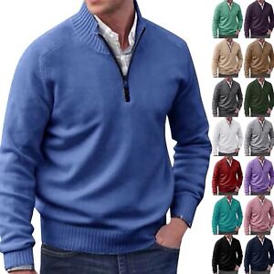 Men's Autumn Sweater Casual Solid Color Zipper V Neck Loose Pullover Sweater