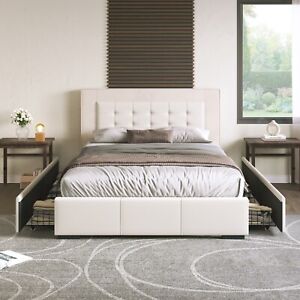 New ListingBed Frame with Four Drawers, Button Headboard with PU Leather and Velvet 2024 US