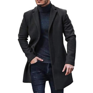 Men Wool Coat Winter Trench Outwear Overcoat Long Jacket Lapel Single Breasted↷