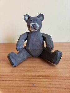Wooden Moveable Joints Teddy Bear Hand Made Dark Brown Vintage Rustic Decor