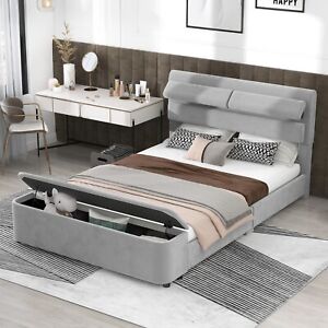 Upholstered Full/Queen Size Bed Frames With Storage Headboard Footboard