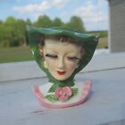 Vintage Napco Ceramic Lady Head Face Vase Planter Yellow Hat Rose