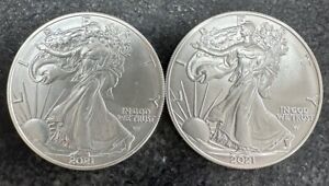 New Listing2021 W  American Eagle $1 BU Dollar Coin Type 2 .999 Fine Silver. 2 Coins Total