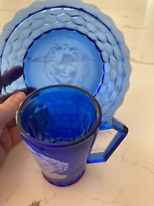 Vintage Shirley Temple Cobalt Blue Glass Hazel Atlas Cereal Bowl & Glass Set