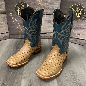 MEN'S BROWN OSTRICH QUILL LEATHER WESTERN RODEO EXOTIC COWBOY SQUARE TOE BOTAS