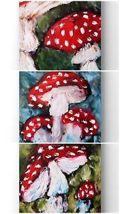 Mushrooms Art Set Amanita Fly Agaric Triptych Oil Painting Canvas Made To Order