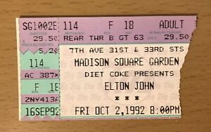 1992 ELTON JOHN MADISON SQUARE GARDEN NEW YORK CITY CONCERT TICKET STUB