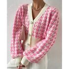 Pink Cream Houndstooth Knit Cropped Sweater Cardigan