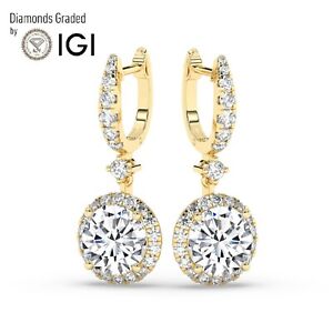 Round 6 ct Solitaire Halo 18K Yellow Gold Hoops Earrings,Lab-grown IGI Certified