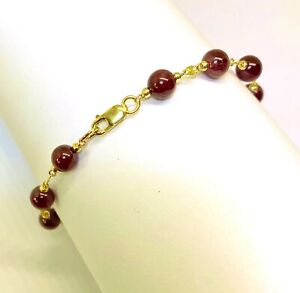 14k solid yellow gold 6mm round ball natural Red Garnet nice bracelet 7 inches