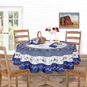 Round Fabric Tablecloth, 70 Inch, Blue Provence Rooster, Wrinkle, Water and S...
