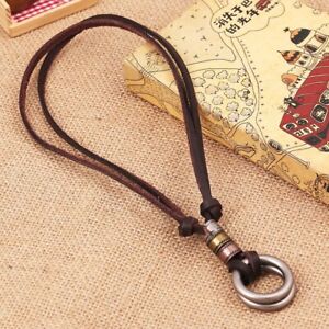 Retro Double Rings Pendant Men's Leather Long Necklace Surfer Beach Jewelry Gift
