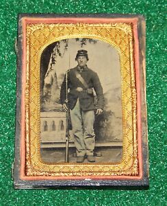 Civil War Tintype US Armed Soldier Musket Buckle Kepi