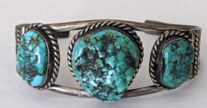 Old Pawn Navajo Sterling 3 Stone Turquoise Cuff Bracelet Unmarked