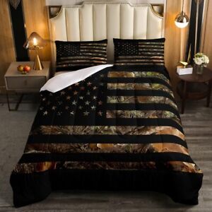 American Flag Camo Comforter Set Full,Military Hunting Bedding Set Rustic