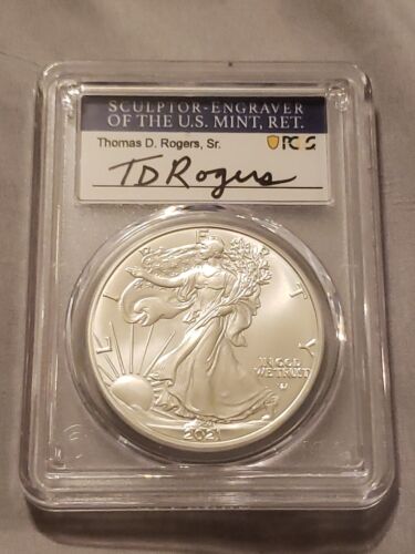 2021 PCGS MS70 Silver Eagle, Type 2 First Day Of Issue, Thomas Rodgers Signed