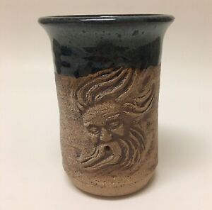 Art Pottery Face Mug Handmade Carved Blue Tan Stoneware~12 oz.