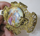 Antique Hand Painted Porcelain Couple Pin Brooch Serpent Dragon Filigree