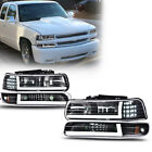 FIT FOR 1999-2002 CHEVY SILVERADO LED DRL BLACK HEADLIGHTS+BUMPER LAMPS PAIR  (For: 2002 Chevrolet Tahoe)