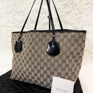 GUCCI Abbey Tote Bag Shoulder Black GG Supreme Canvas Leather Authentic MBa0386