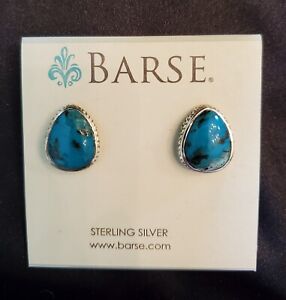 BARSE Vtg Earrings with Turquoise sit in Embossed Sterling Silver Teardrop Shape