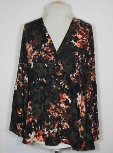 a.n.a. Black Floral Smocked Empire Waist Bell Long Sleeve Blouse (L)