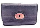 FOSSIL Maddox Black Pebble Leather Trifold Wallet Zipper Clutch Multi ID Black