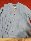 Roaman's Light Wash Denim V-Neck Top 28W Button Up Pleated Roll Tab Embroidery