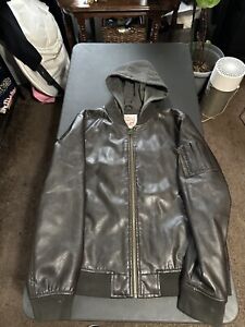 Levi’s Faux Leather Varsity Bomber Jacket Brown Full Zip Men’s Size XL Hooded