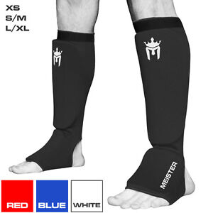 MEISTER ELASTIC CLOTH SHIN & INSTEP GUARDS - Muay Thai MMA Taekwondo Leg Pads