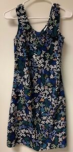 Cabi Navy Blue White Multicolor Floral Sleeveless Bows Shift Dress XS Women