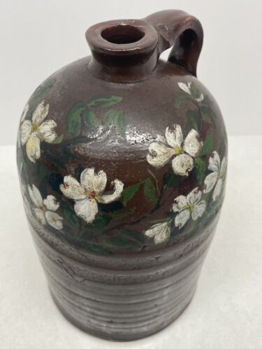 New ListingAntique Pottery Jug Hand Painted Dogwood Flowers 1 Gallon Primitive