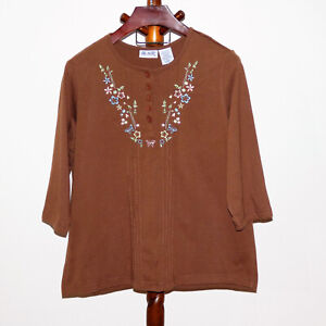 Blair Brown Embroidered Pullover Top Size XL 3/4 Sleeve