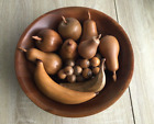 Vintage 1970's Vermillion Wooden Walnut Wooden Bowl with wooden fruit Lot of 11