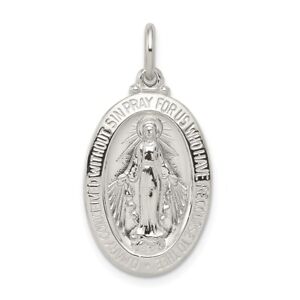 Sterling Silver 925 Miraculous Mary Medal Oval Charm Pendant 1.14 Inch