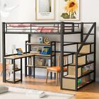 Full Size Metal Loft bed w/ Built-in Desk and Shelves For Kids Bedroom US Stock