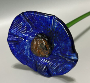 Hand Blown Art Glass Long Stem Blue Orange Open Flower Lily Style 19.25