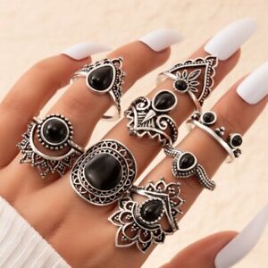 Wholesale 24pcs Pine Stone Vintage Rings Bohe Women Antique Silver Gifts Jewelry
