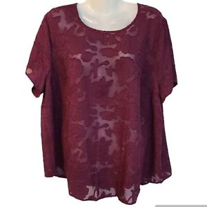 Torrid Burgundy Red Floral Lace Sheer Short Sleeve Top Women's Size 2 2X