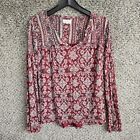 Lucky Brand Top Womens Large Red Floral Print Boho V-Neck Long Sleeve Tee Casual