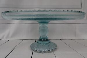 Vintage Jeanette Ice Blue Harp Glass Cake Stand Diamond Pattern Beaded Rim